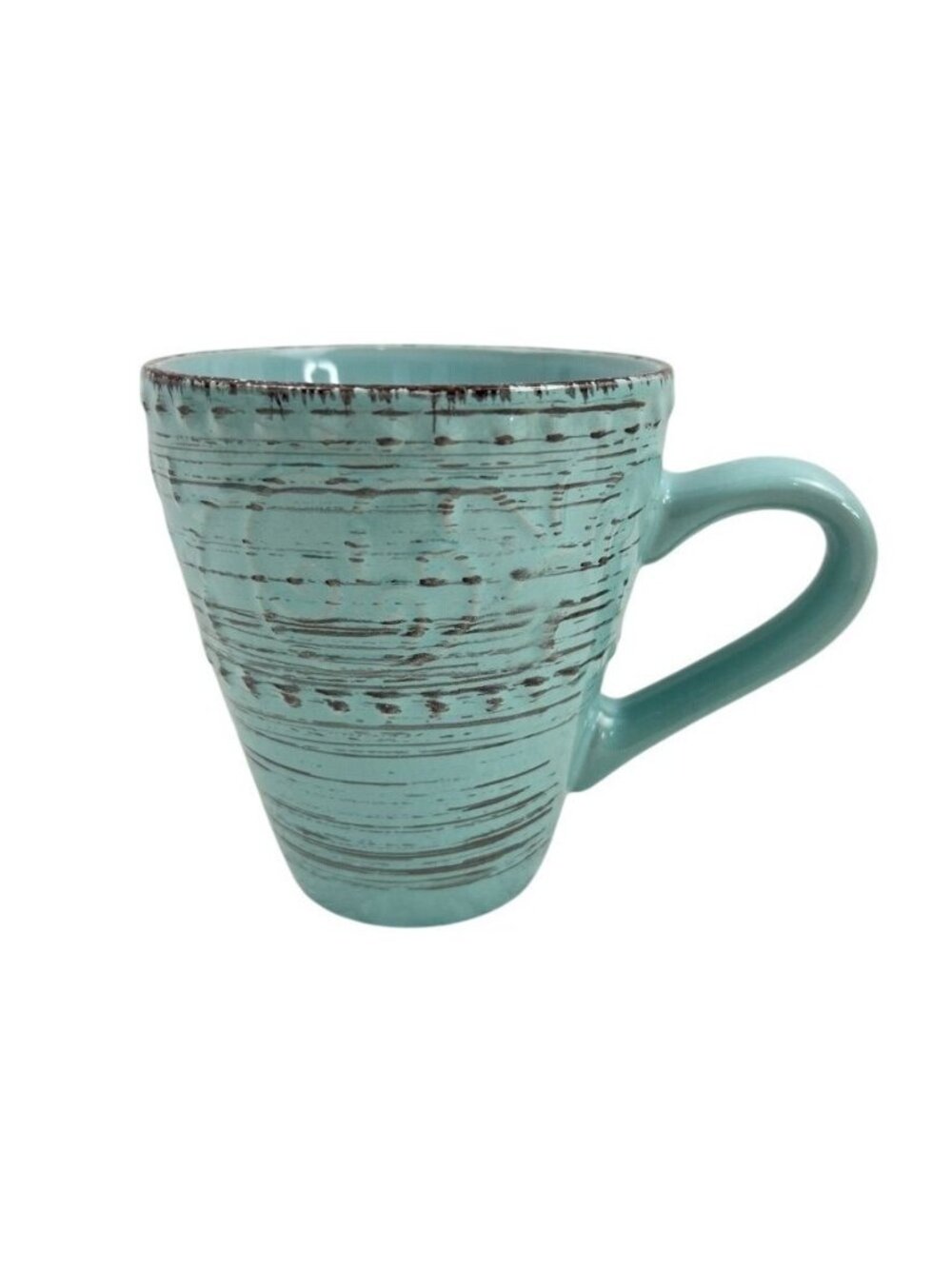 Elama Malibu Waves Set of 4 Stoneware Coffee Mugs Turquoise Embossed